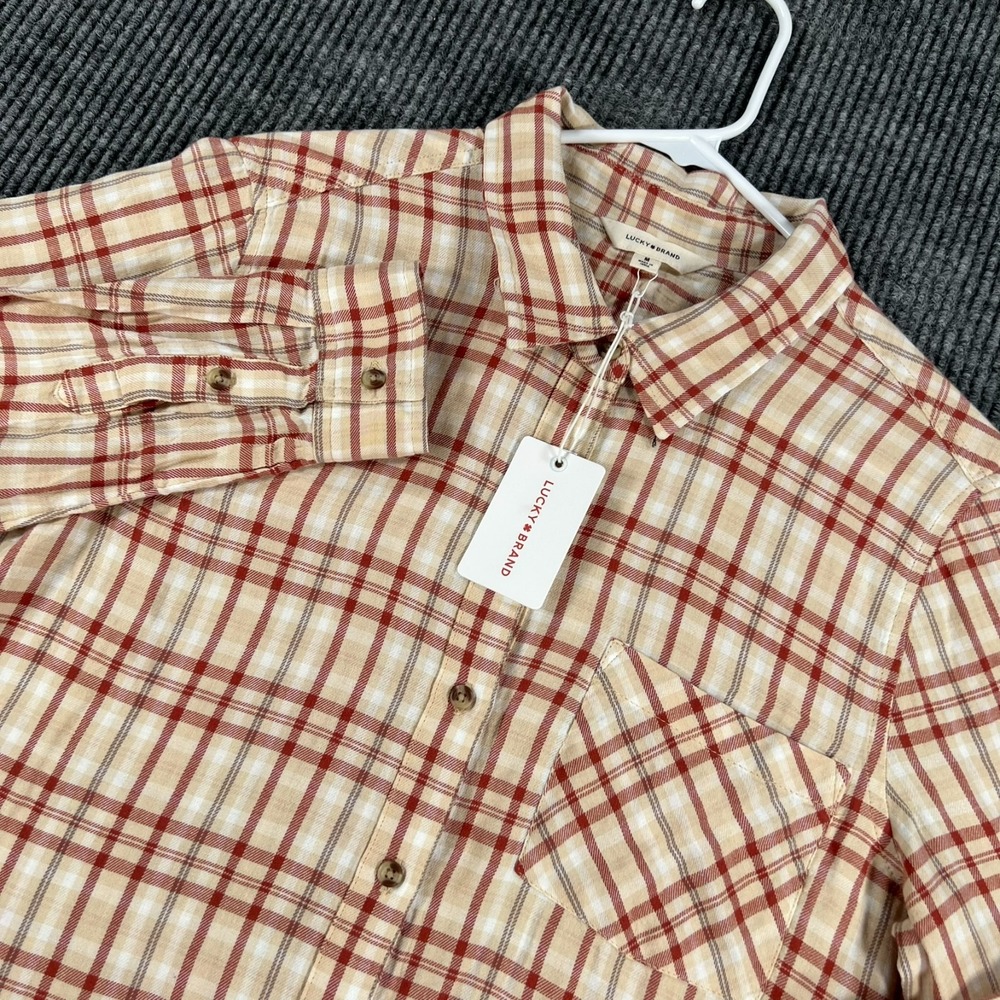 Lucky Brand Button Up Shirt Womens Medium Tan Plaid Long Sleeve Casual New